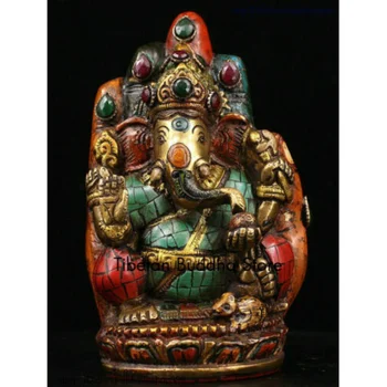Тибетски бронзова инкрустация, Синьозелен скъпоценен камък на Главата на Ганеша, Статуя на Слон Ганеша Буда