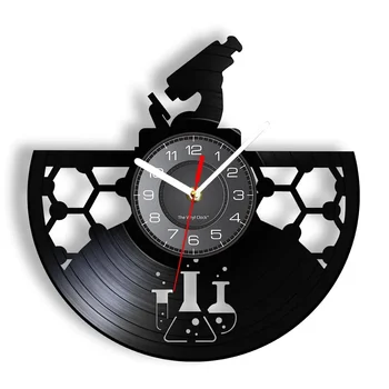 Химически Микроскоп Vinyl плоча Стенни часовници Стари Химически Художествени, Научни часовници Стенни часовници Лаборатория знак Часовници